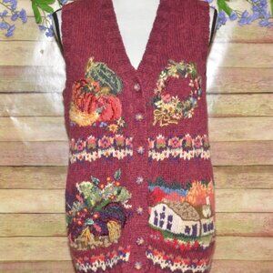 Vintage Heirloom Collectibles Size M Button Up Cardigan Vest Sweater Fall Scene